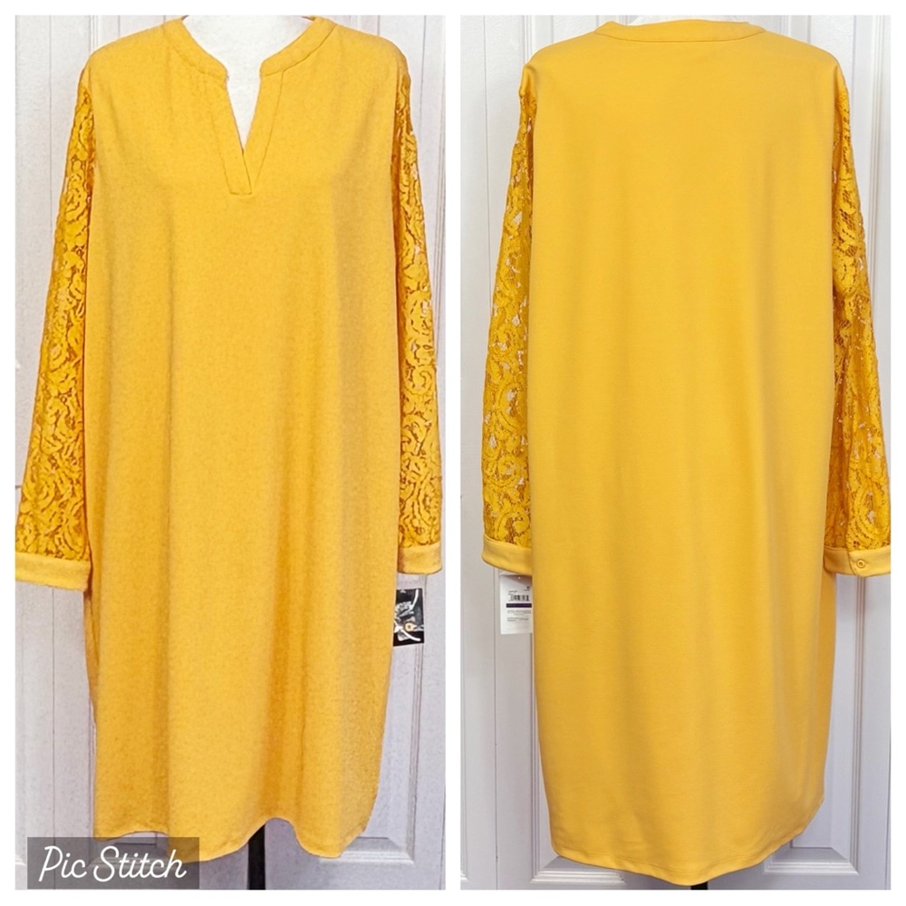 NWT Kasper Gold Yellow Sheer Lace Long Sleeve Shift Dress XXL